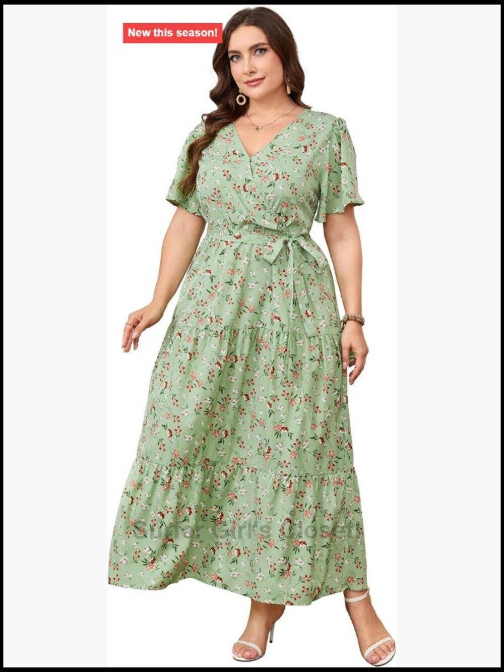 Plus Size V Neck Wrap Maxi Dress with Belt Ruffle Casual Summer Dress